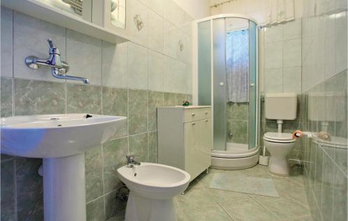 普利兹巴Cozy Apartment In Blato With Kitchen的一间带水槽、卫生间和淋浴的浴室