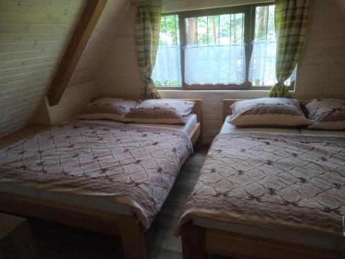 斯皮什新村Chata Sosna的带窗户的客房内设有两张单人床。