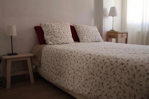 萨拉戈萨Acogedor apartamento en el Rabal的一间卧室配有一张床和两张带台灯的桌子。
