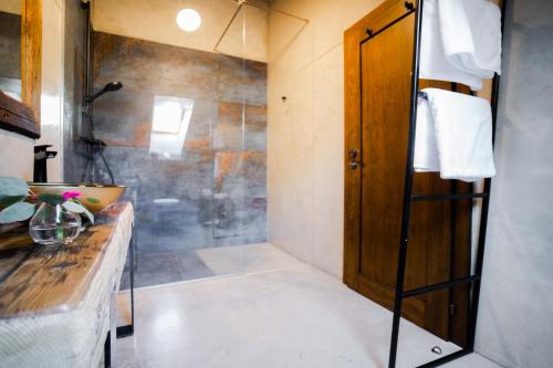 科希策Blue Bell Penzión的带淋浴的浴室和木门。