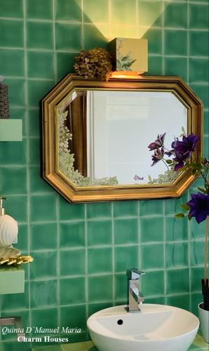 阿马兰特Amarante-Quinta D’Manuel Maria, Rural Charm Houses的绿色瓷砖浴室设有水槽和镜子