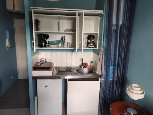 PéronnasStudio au calme的小厨房配有白色橱柜和水槽