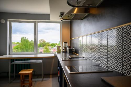 利耶帕亚Liepu Hostelis的厨房设有水槽和窗户。