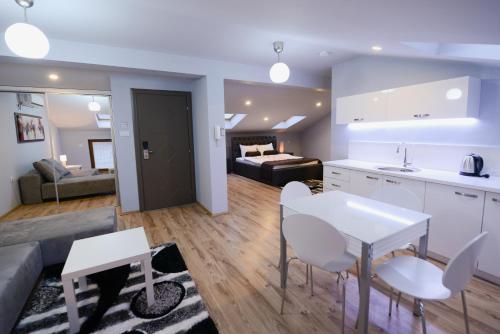 比托拉千禧旅游公寓的一间带厨房的客厅和一间卧室