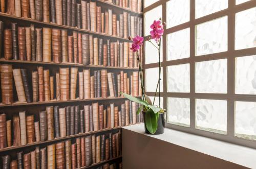 巴黎作家酒店的书架上花的花瓶