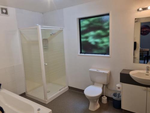 汉默温泉格兰纳万汽车旅馆的带淋浴、卫生间和盥洗盆的浴室