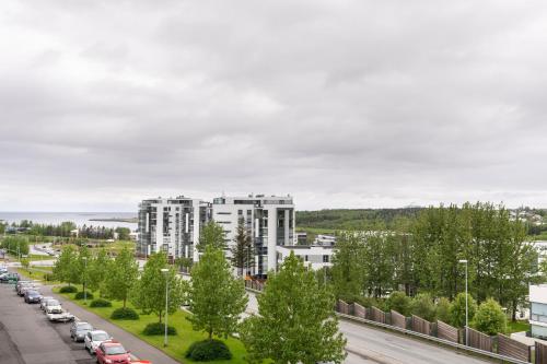 雷克雅未克Lundur Apartments的享有城市美景,设有停车位