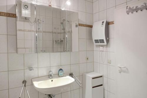 高尔维茨Gollwitzer Park Sturmvogel的白色的浴室设有水槽和淋浴。