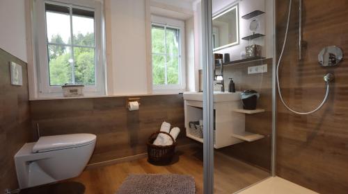黑林山区邦多夫Ferienwohnung Waldrauschen in der Höhenpension Glashütte的带淋浴、卫生间和盥洗盆的浴室