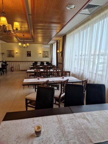 蒂米什瓦拉卡萨宫酒店的用餐室设有桌椅和窗户。