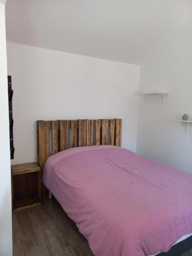 布尔日COQUETTE MAISONNETTE的一间卧室配有一张带紫色毯子的床