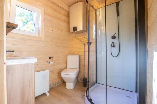 斯克拉斯卡波伦巴Domek的一间带卫生间和玻璃淋浴间的浴室