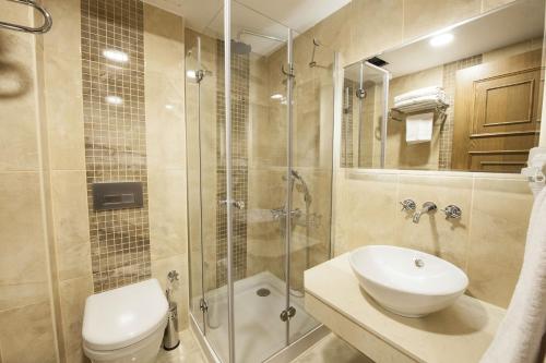 科尼亚奈伊酒店的带淋浴、卫生间和盥洗盆的浴室