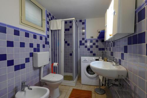 萨尔维Grazioso Monolocale della Casa dell'Olivo的蓝色瓷砖浴室设有卫生间和水槽