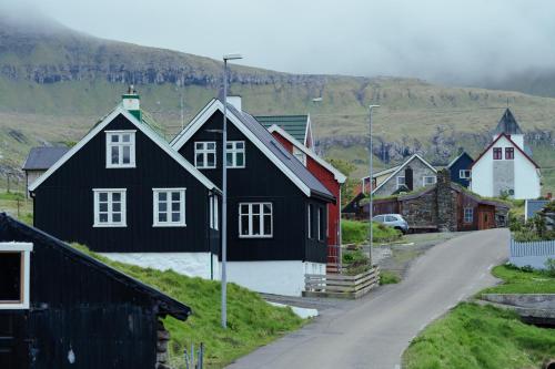 HellurAuthentic Faroese House / Unique Location / Nature的山丘上一排房子,有路