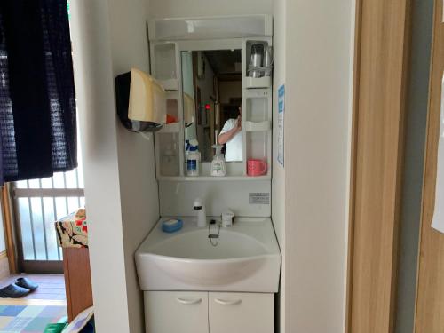 盛冈Buchoho No Yado Morioka的一间带水槽和镜子的小浴室