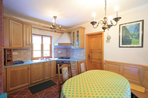 索卡Zadnjica Holiday House的厨房配有木制橱柜和桌子。