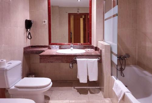 托雷洪-德阿尔多斯马约尔广场旅馆的浴室配有盥洗盆、卫生间和浴缸。