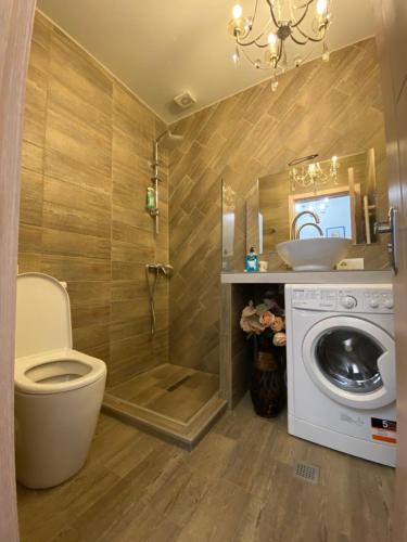 第比利斯Studio apartment with balcony in Tbilisi的浴室配有卫生间、盥洗盆和洗衣机。