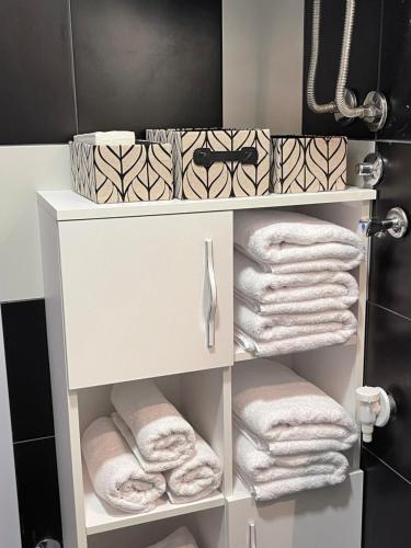 尼什City Apartmani Niš的浴室内提供白色毛巾架和毛巾