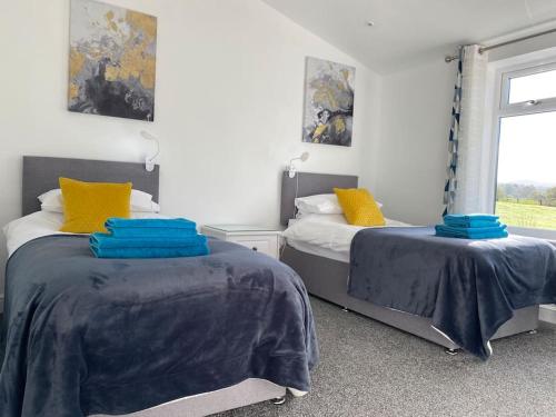 AdlingtonSouth Cottage - Garden, Views, Parking, Dogs, Cheshire, Walks, Family的一间卧室设有两张带蓝色床单的床和窗户。