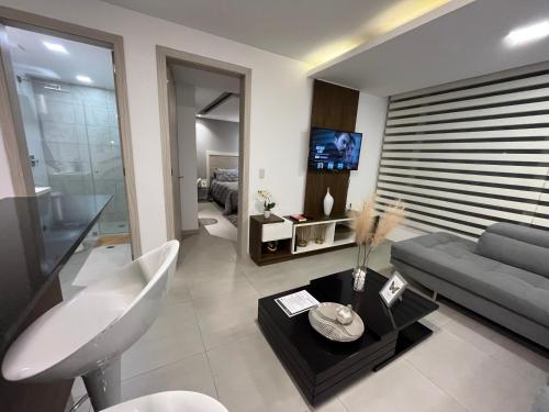 基多BEAUTIFUL AND COZY SUITE NEAR CAROLINA PARK的带沙发和电视的大型客厅。