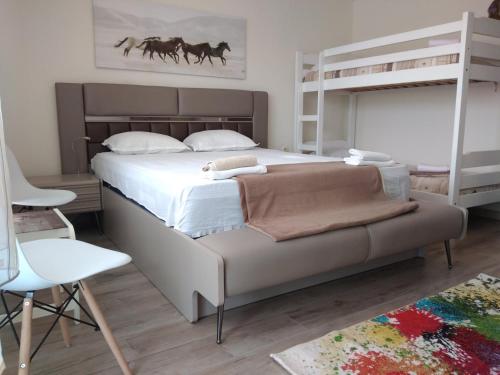 帕莫瑞Къща за гости Синьо Лято的一间卧室配有一张床和一张双层床。