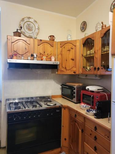 罗卡圣焦万尼Casa giovanna的厨房配有木制橱柜和黑炉灶烤箱。