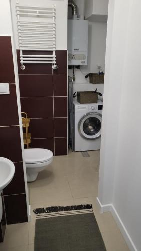 奥尔什丁Apartament Mochnackiego的一间带卫生间和洗衣机的浴室