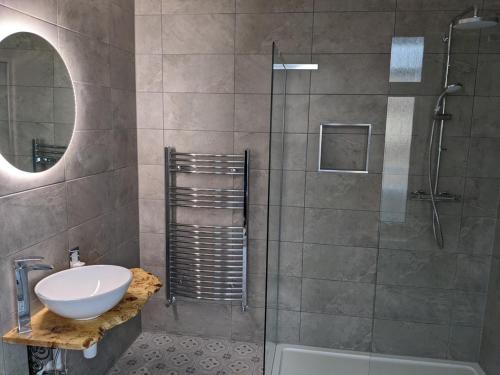 伯恩茅斯Alexander Lodge Guest House的带淋浴、盥洗盆和浴缸的浴室