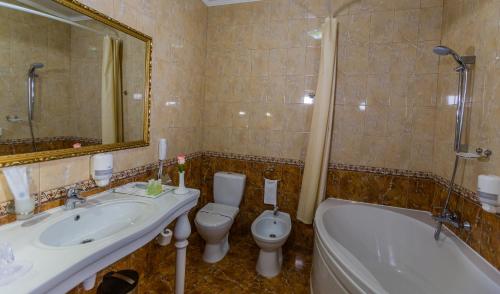 波尔塔瓦帕拉佐普瑞米尔酒店的浴室配有盥洗盆、卫生间和浴缸。