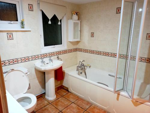 阿克斯明斯特Luxurious Entire Studio in Axminster suitable for的浴室配有卫生间、浴缸和水槽。