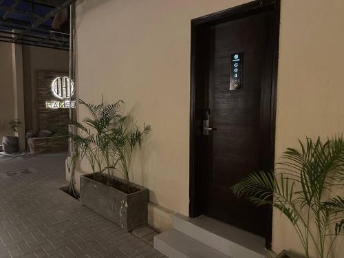 卡拉奇Hamsun Shahrah-e-Faisal的一座黑门,旁边是植物