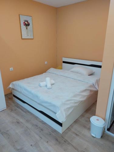 PopovoGazi的一间卧室配有一张床,上面有两条毛巾