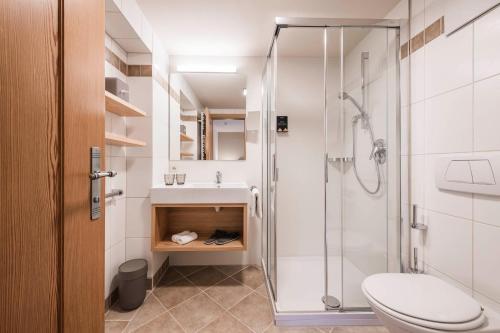 阿尔卑斯休斯山斯达格德拉依酒店的带淋浴、卫生间和盥洗盆的浴室
