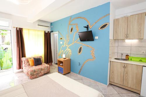 赫尔采格诺维Guest House Topla的厨房设有蓝色的墙壁和花卉壁画