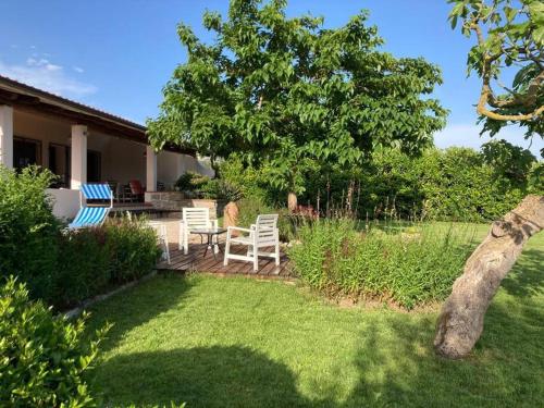 TrieiCountryside villa in Sardinia的一个带椅子和桌子的院子和一棵树