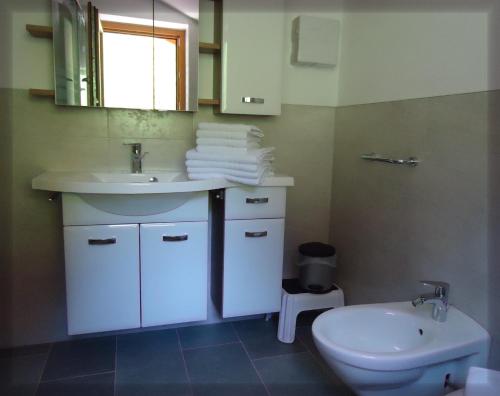 瓦尔奥纳的圣乔凡尼Stübilerhof的一间带水槽、卫生间和镜子的浴室