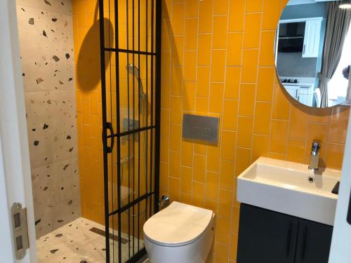 费特希耶Juglans Suites的一间带卫生间、水槽和镜子的浴室