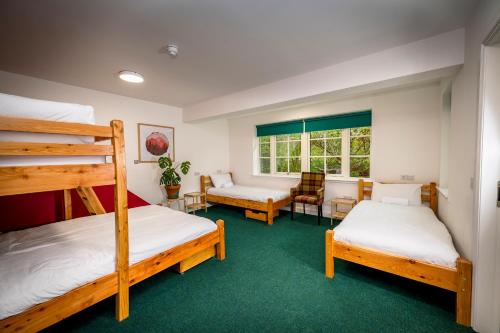 德拉姆纳德罗希特Loch Ness Bunk Inn的一间带两张双层床的卧室和一个休息区