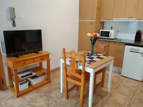贝萨卢APARTAMENT CAN MINGU 1er pis的厨房配有小桌子和电视。