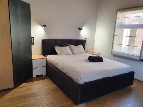 文茨皮尔斯KK Apartment的一间卧室配有一张大床和黑色床头板