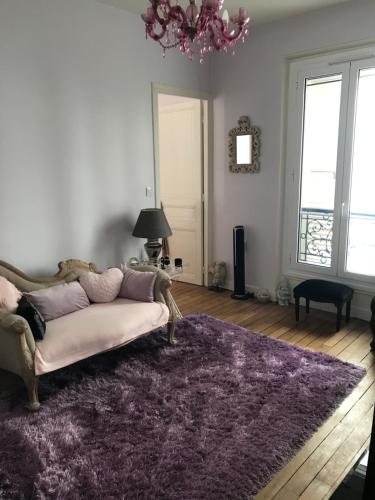 巴黎Superbe appartement proche de la butte Montmartre的客厅配有沙发和紫色地毯