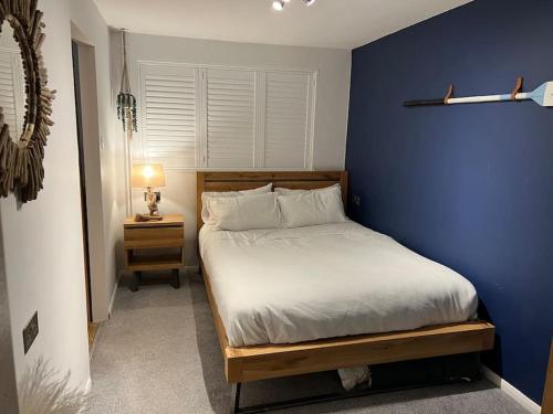 奥尔德肖特Unique one bedroom guest house with free parking的一间卧室配有一张蓝色墙壁的床