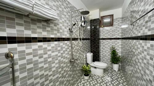 岘港HM Villa - Free Pick-up Mỹ Khê Beach的一间带卫生间和两盆植物的浴室