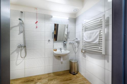 塔尔努夫Centrum Rehabilitacji Społecznej i Zawodowej ZAZ Słoneczne Wzgórze的白色的浴室设有水槽和淋浴。