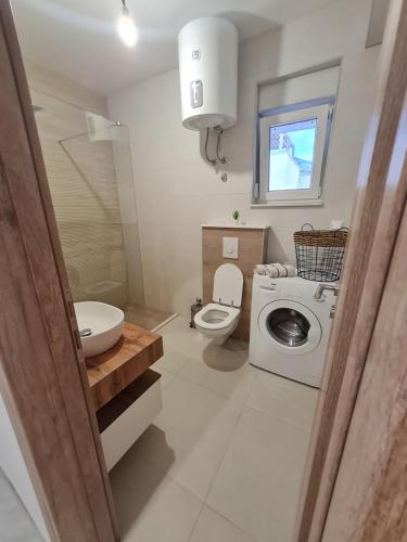 普罗马尼亚Apartmani Andrea的浴室配有卫生间水槽和洗衣机。