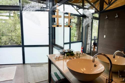 巴卢莱自然保护区格林费尔盖姆山林小屋的一间带两个盥洗盆的浴室和一个大窗户