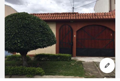 Santiago EsteRoom near Airport/ Cerca del Aeropuerto的两扇车库门和一棵树的房子