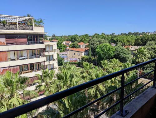 蒙彼利埃Le Dory - Appartement Centre Ville avec Terrasse, Parking & Wifi的从棕榈树建筑的阳台上可欣赏到风景
